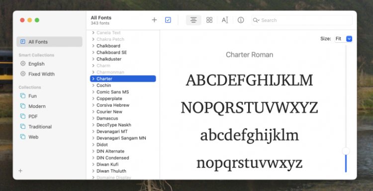 Solda listelenen yazı tipleri ve orta bölmede bunların bir önizlemesi ile macOS'ta Yazı Tipi Kitabı